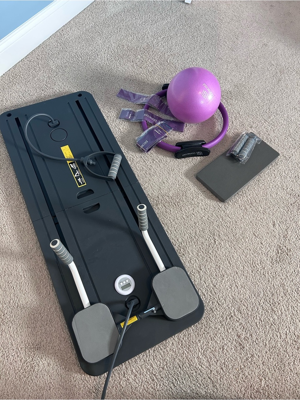 Pilates Board with Resistance Cords and Purple Exercise Ball